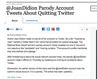Illustration for article titled The Wall Street Journal Got Confused and Thought Joan Didion Was on Twitter